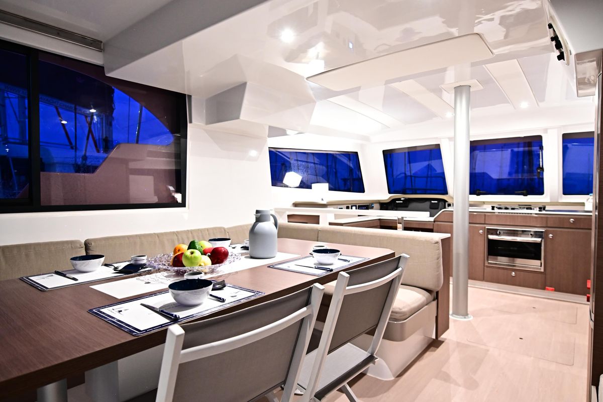 Salon of Perrito Caliente, a Bali Catspace catamaran at Tonnarella, Italy