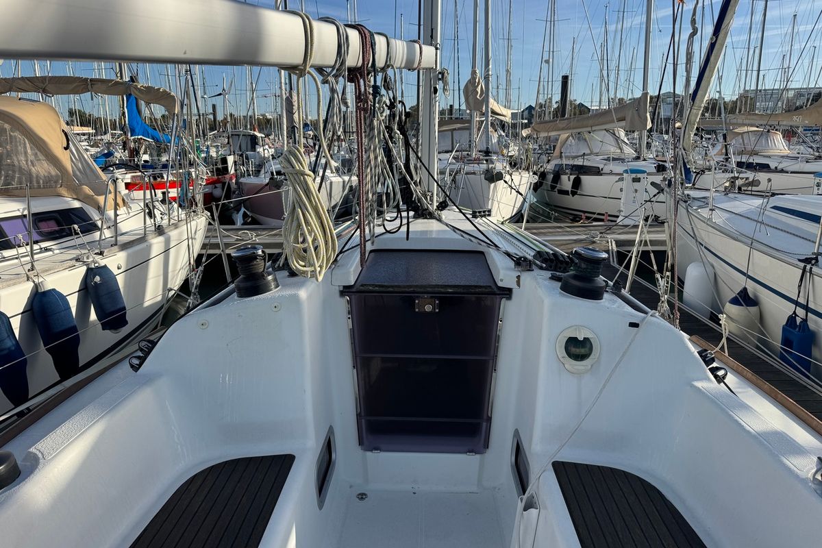 Deck of Barboat, a Beneteau First 30 sailboat at La Rochelle, France
