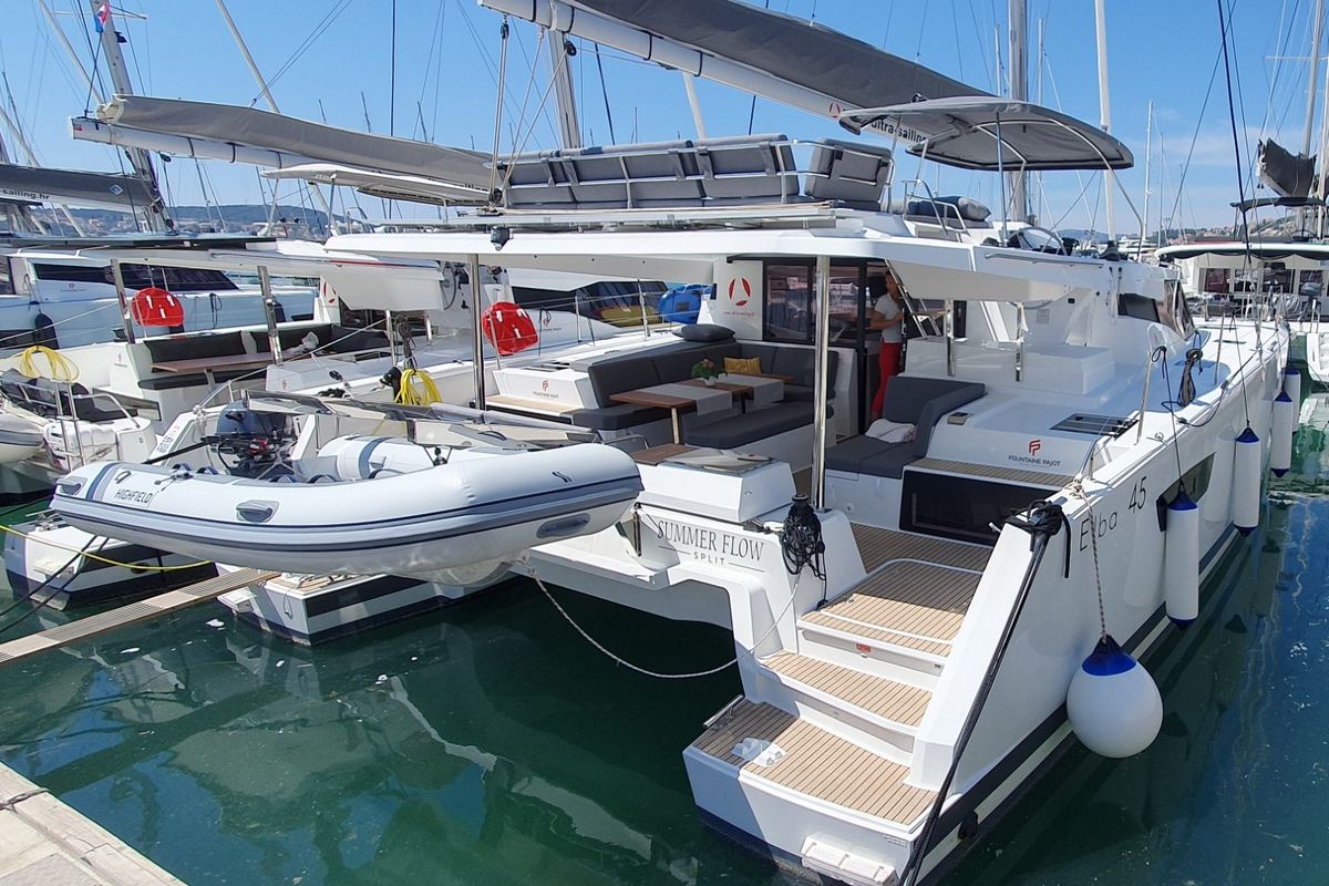 Exterior view of Summer Flow, a Fountaine Pajot Elba 45 catamaran at Seget Donji, Croatia