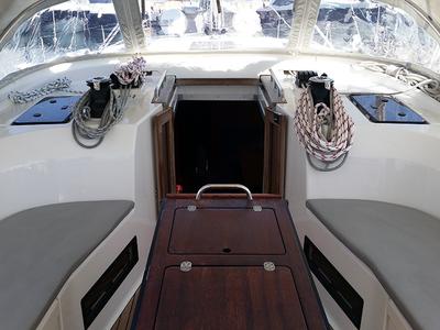 Cockpit of Silver Cloud, a Bavaria Cruiser 50 sailboat at Llucmajor, Spain