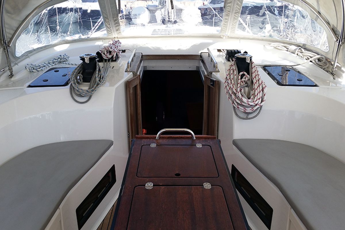 Cockpit of Silver Cloud, a Bavaria Cruiser 50 sailboat at Llucmajor, Spain