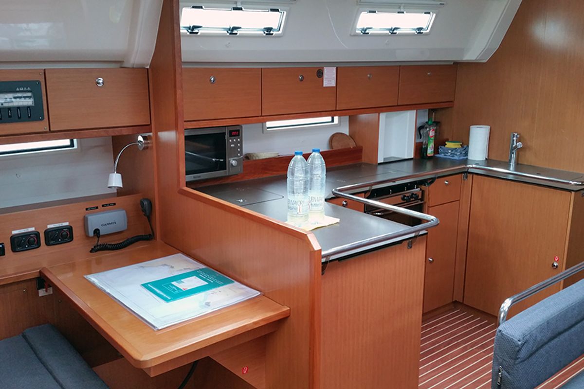 Galley of Silver Cloud, a Bavaria Cruiser 50 sailboat at Llucmajor, Spain