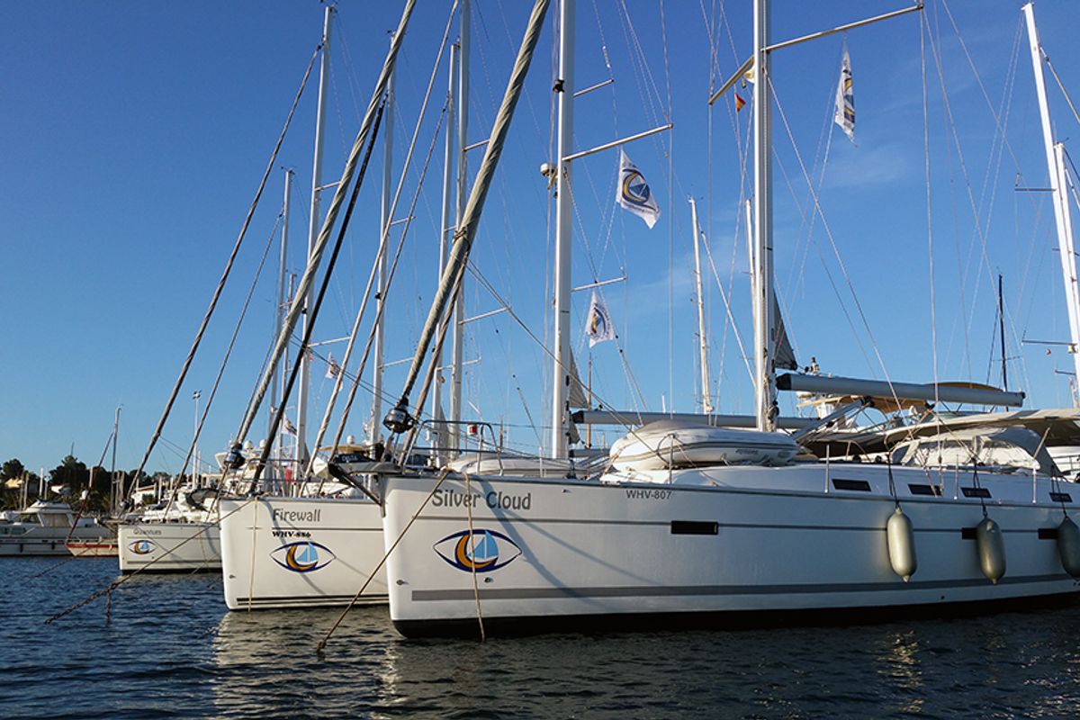 Exterior view of Silver Cloud, a Bavaria Cruiser 50 sailboat at Llucmajor, Spain