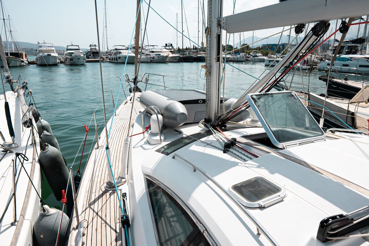 Deck of EVITA Boat location in LEFKAS MARINA, D-marin, a Jeanneau Sun Odyssey 49DS sailboat at Municipal Unit of Lefkada, Gr…