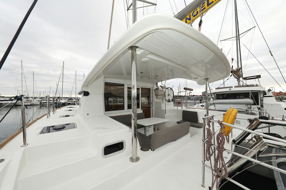 Deck of Lilla V, a Lagoon 39 catamaran at Grad Biograd na Moru, Croatia