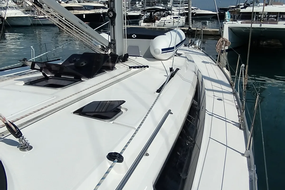 Deck of Pluton, a Bavaria Cruiser 46 sailboat at Split, Croatia