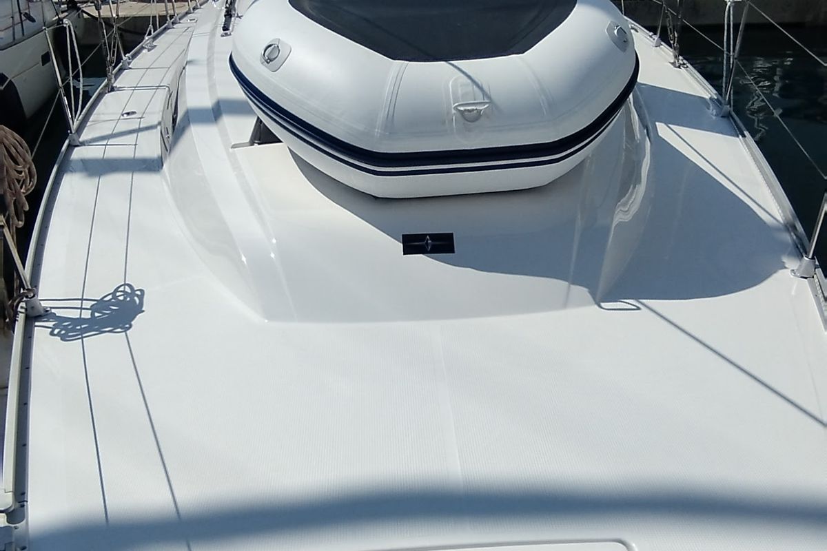 Deck of Pluton, a Bavaria Cruiser 46 sailboat at Split, Croatia