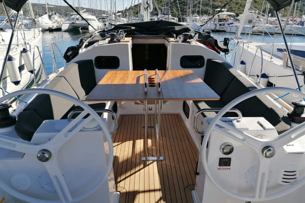 Cockpit of Top Secret, a Elan Impression 40.1 sailboat at Primošten, Croatia