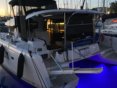 Deck of ORSA (AC/Gen/W.Maker, a Lagoon 42 catamaran at Skiathos, Greece