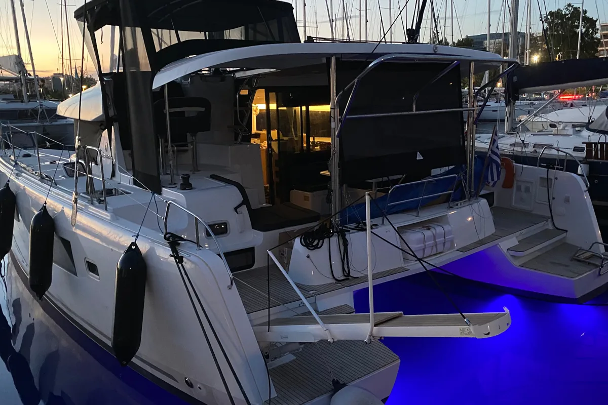 Deck of ORSA (AC/Gen/W.Maker, a Lagoon 42 catamaran at Skiathos, Greece
