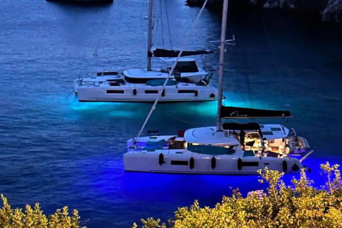 Exterior view of ORSA (AC/Gen/W.Maker, a Lagoon 42 catamaran at Skiathos, Greece