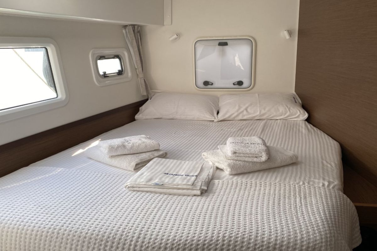 Cabin on ORSA (AC/Gen/W.Maker, a Lagoon 42 catamaran at Skiathos, Greece