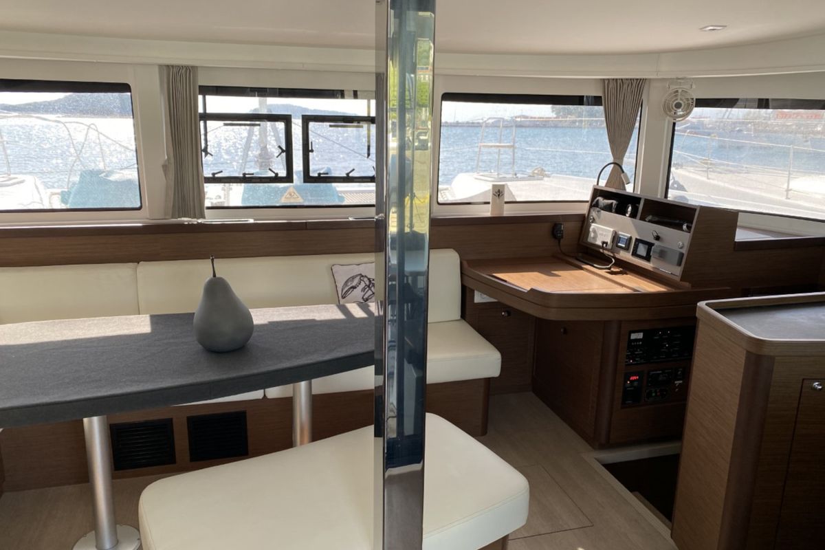 Salon of ORSA (AC/Gen/W.Maker, a Lagoon 42 catamaran at Skiathos, Greece