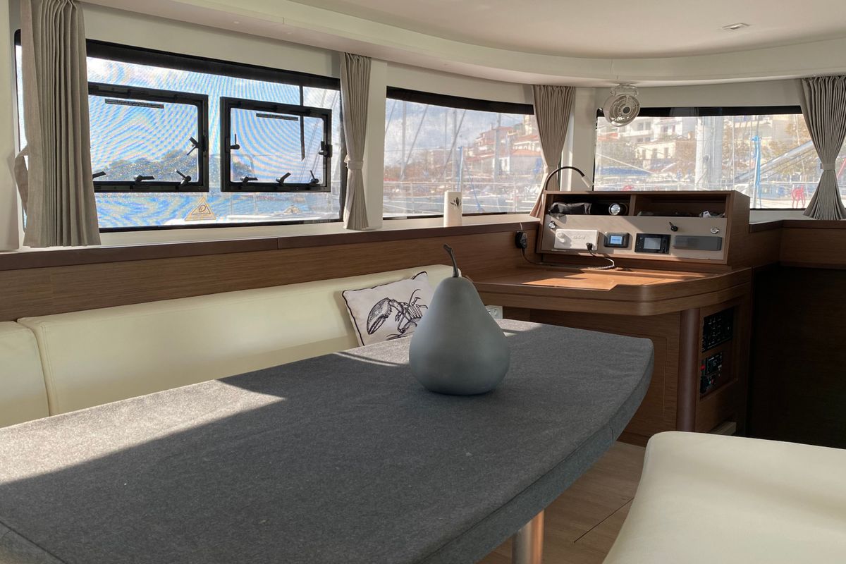 Salon of ORSA (AC/Gen/W.Maker, a Lagoon 42 catamaran at Skiathos, Greece