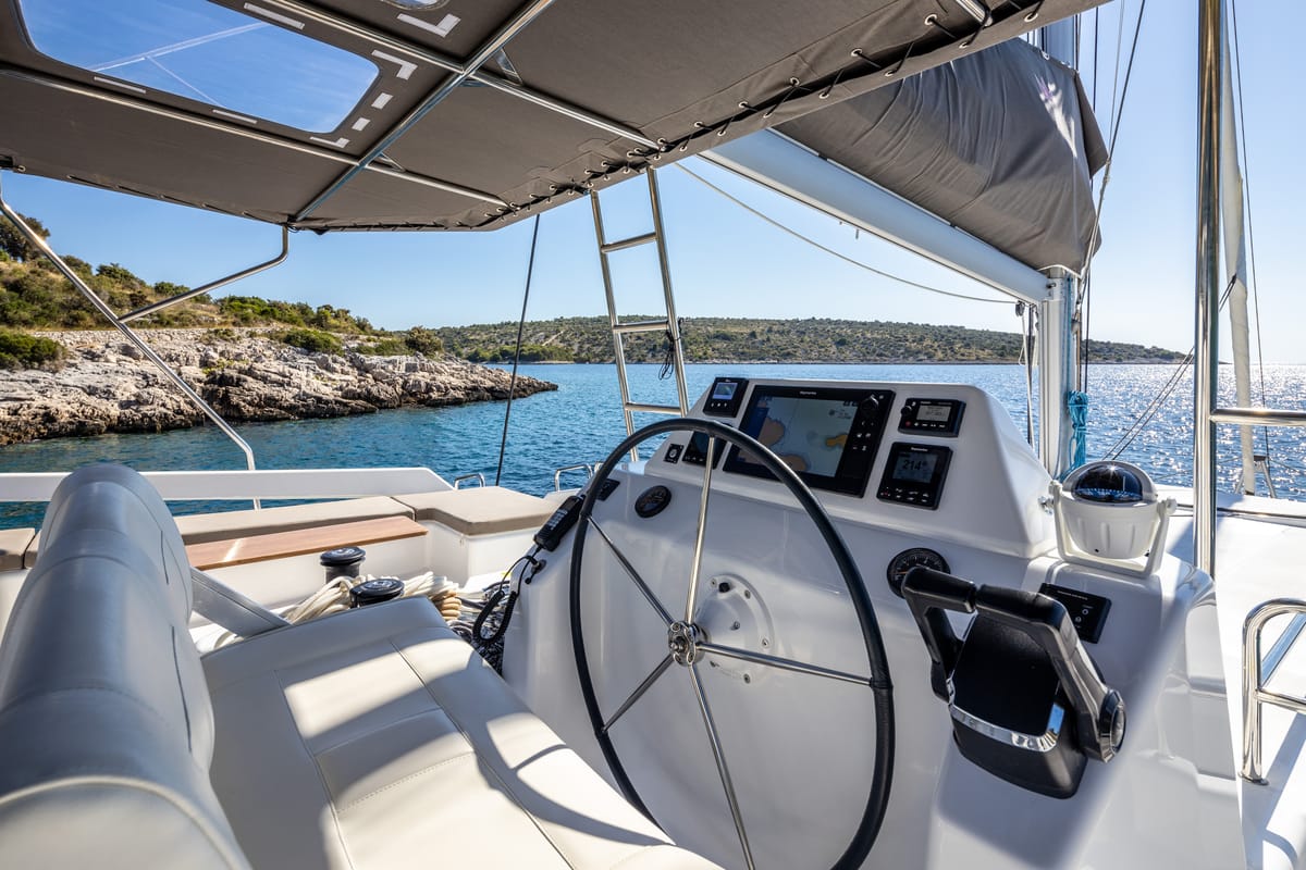 Cockpit of Pax, a Dufour 48 Catamaran catamaran at Primošten, Croatia