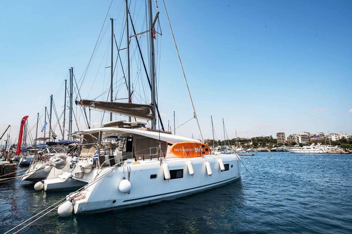 Deck of Anemi, a Lagoon 42 catamaran at Municipal Unit of Nea Peramos, Greece
