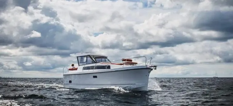 Deck of Wajda, a Northman Nexus Revo 870 Prestige motorboat at Sztynort, Poland