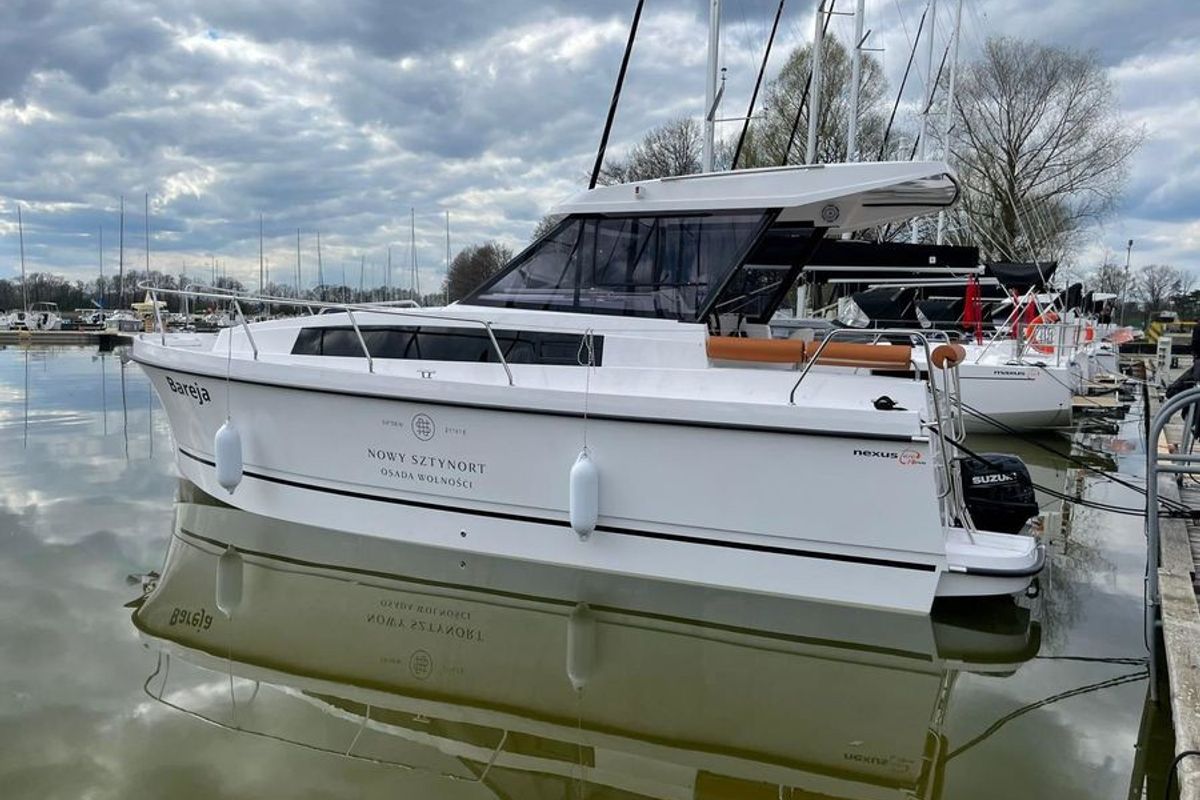 Cockpit of Wajda, a Northman Nexus Revo 870 Prestige motorboat at Sztynort, Poland
