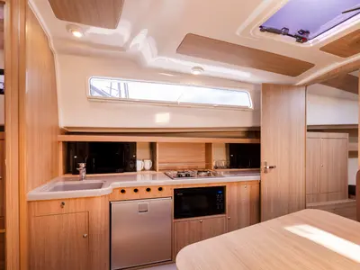 Salon of Wajda, a Northman Nexus Revo 870 Prestige motorboat at Sztynort, Poland