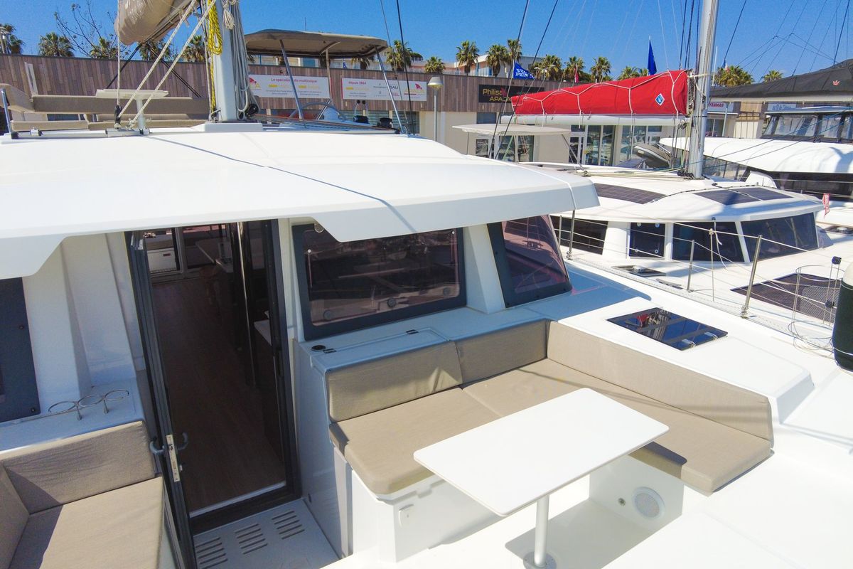 Deck of Seasight, a Bali 4.4 catamaran at Ajaccio, France