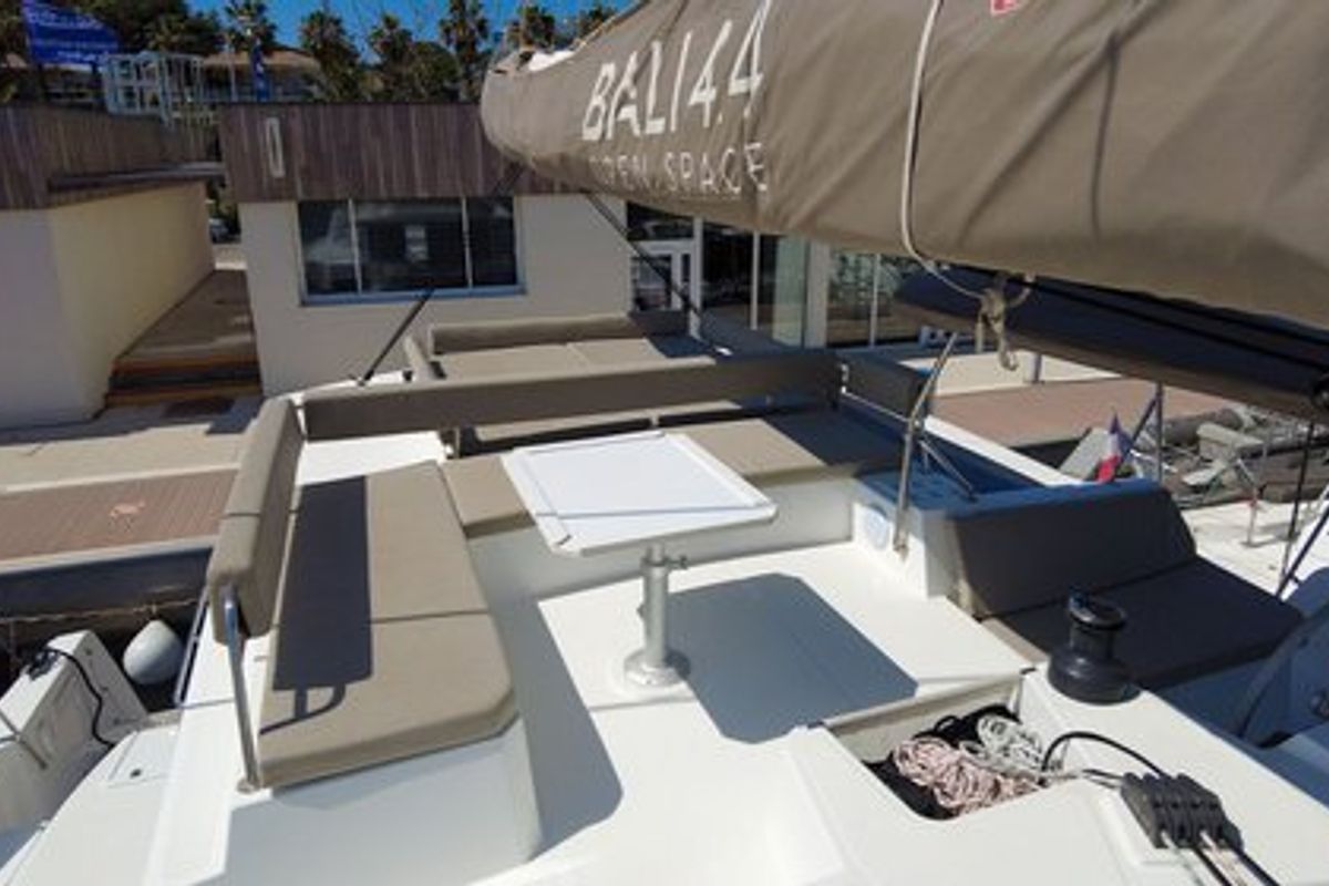 Deck of Seasight, a Bali 4.4 catamaran at Ajaccio, France