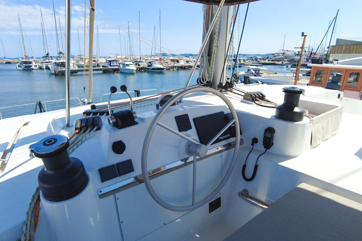 Cockpit of Seasight, a Bali 4.4 catamaran at Ajaccio, France