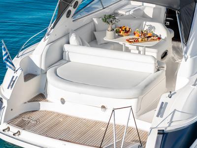 Deck of AEGEAN BLUE, a Bavaria 40 sailboat at Mykonos, Greece