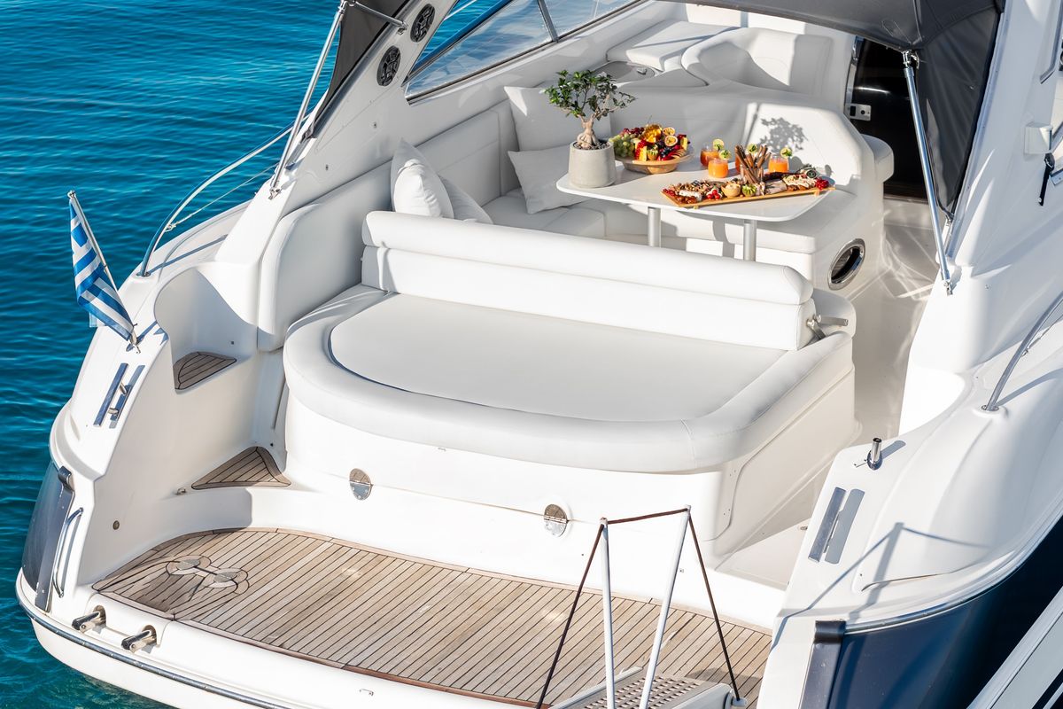 Deck of AEGEAN BLUE, a Bavaria 40 sailboat at Mykonos, Greece