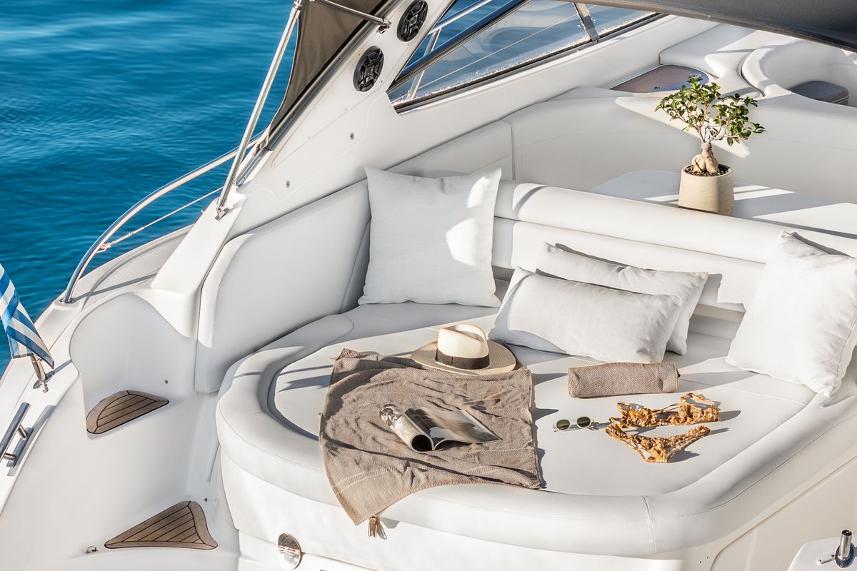 Exterior view of AEGEAN BLUE, a Bavaria 40 sailboat at Mykonos, Greece