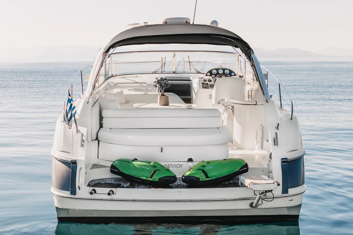 Deck of AEGEAN BLUE, a Bavaria 40 sailboat at Mykonos, Greece
