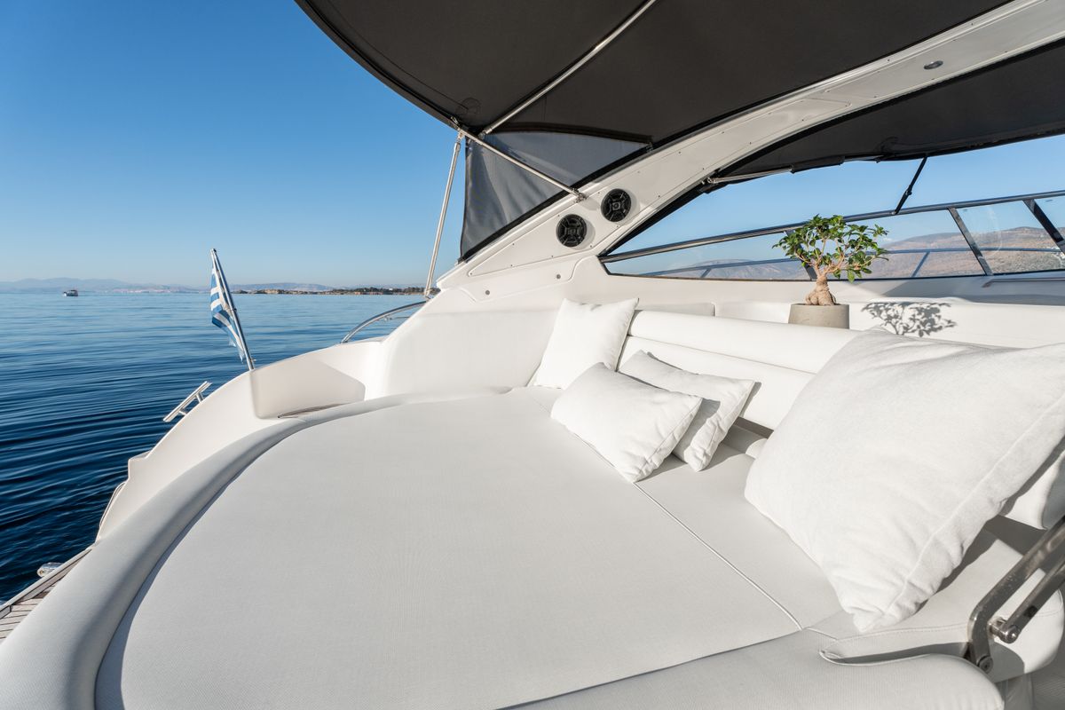 Deck of AEGEAN BLUE, a Bavaria 40 sailboat at Mykonos, Greece