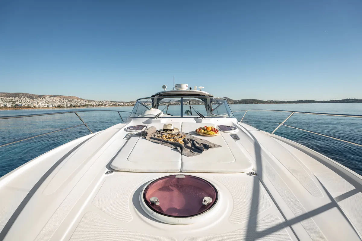 Deck of AEGEAN BLUE, a Bavaria 40 sailboat at Mykonos, Greece