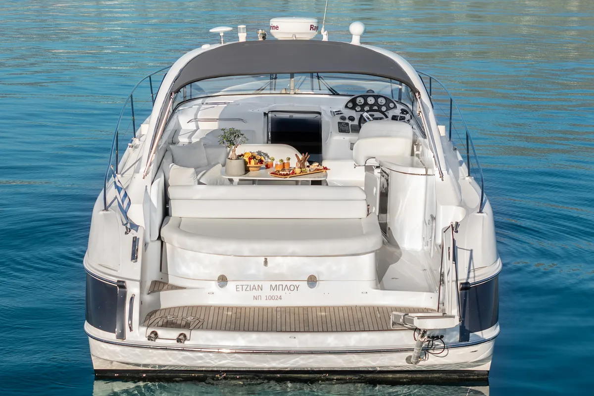 Exterior view of AEGEAN BLUE, a Bavaria 40 sailboat at Mykonos, Greece