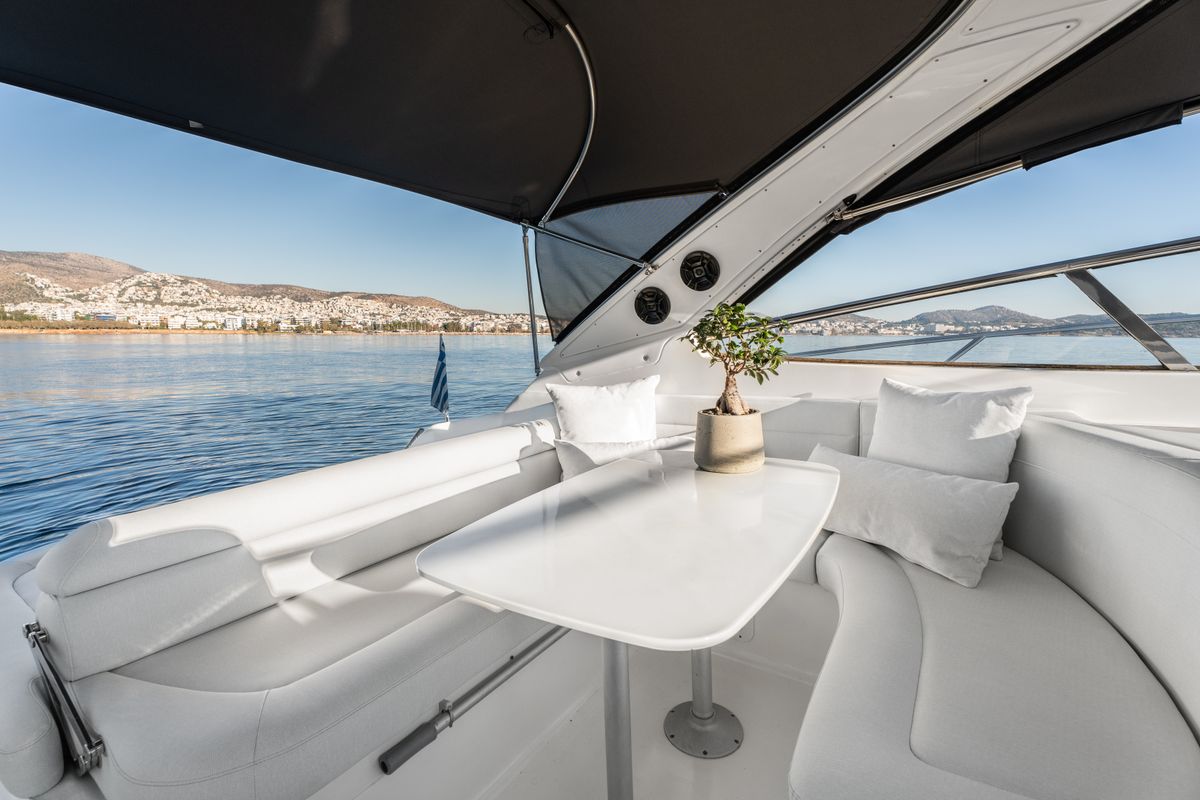 Deck of AEGEAN BLUE, a Bavaria 40 sailboat at Mykonos, Greece