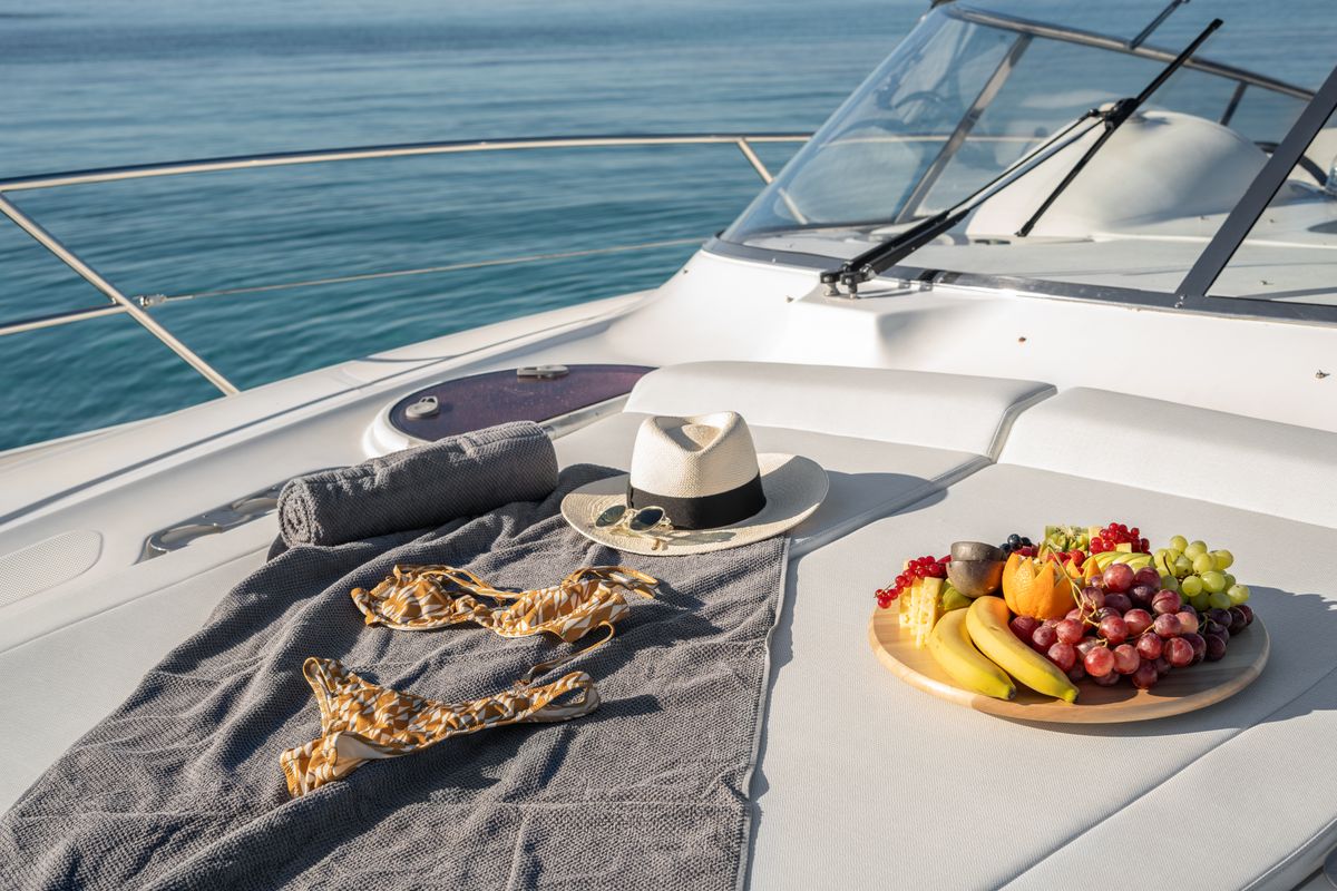 Deck of AEGEAN BLUE, a Bavaria 40 sailboat at Mykonos, Greece