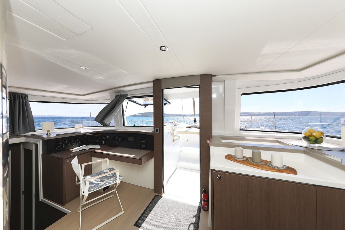 Cockpit of Vaya Con Dios, a Bali 4.8 catamaran at Grad Kaštela, Croatia