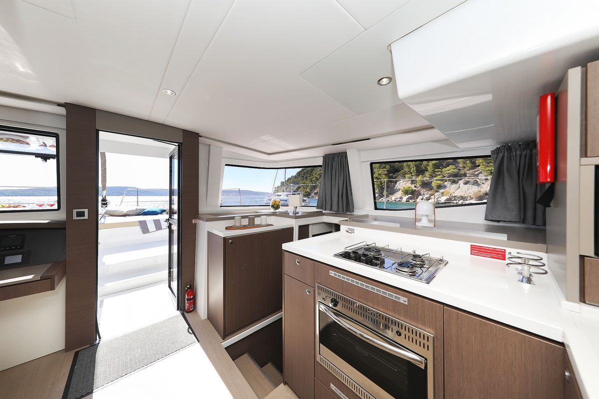 Galley of Vaya Con Dios, a Bali 4.8 catamaran at Grad Kaštela, Croatia