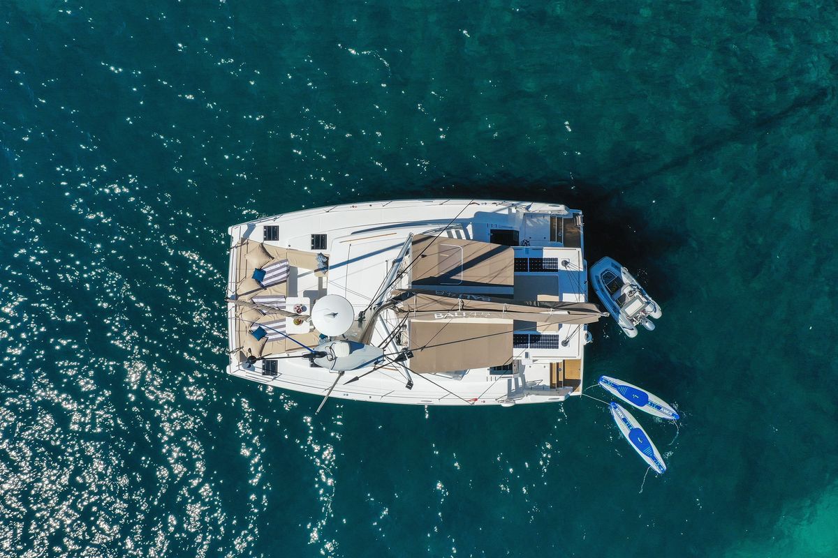 Exterior view of Vaya Con Dios, a Bali 4.8 catamaran at Grad Kaštela, Croatia