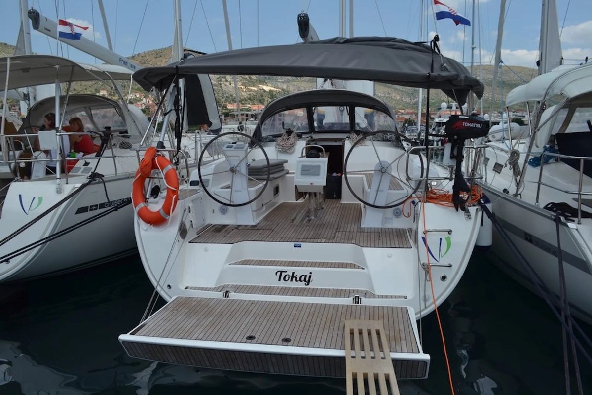 Cockpit of Tokaj, a Bavaria Cruiser 46 sailboat at Seget Donji, Croatia