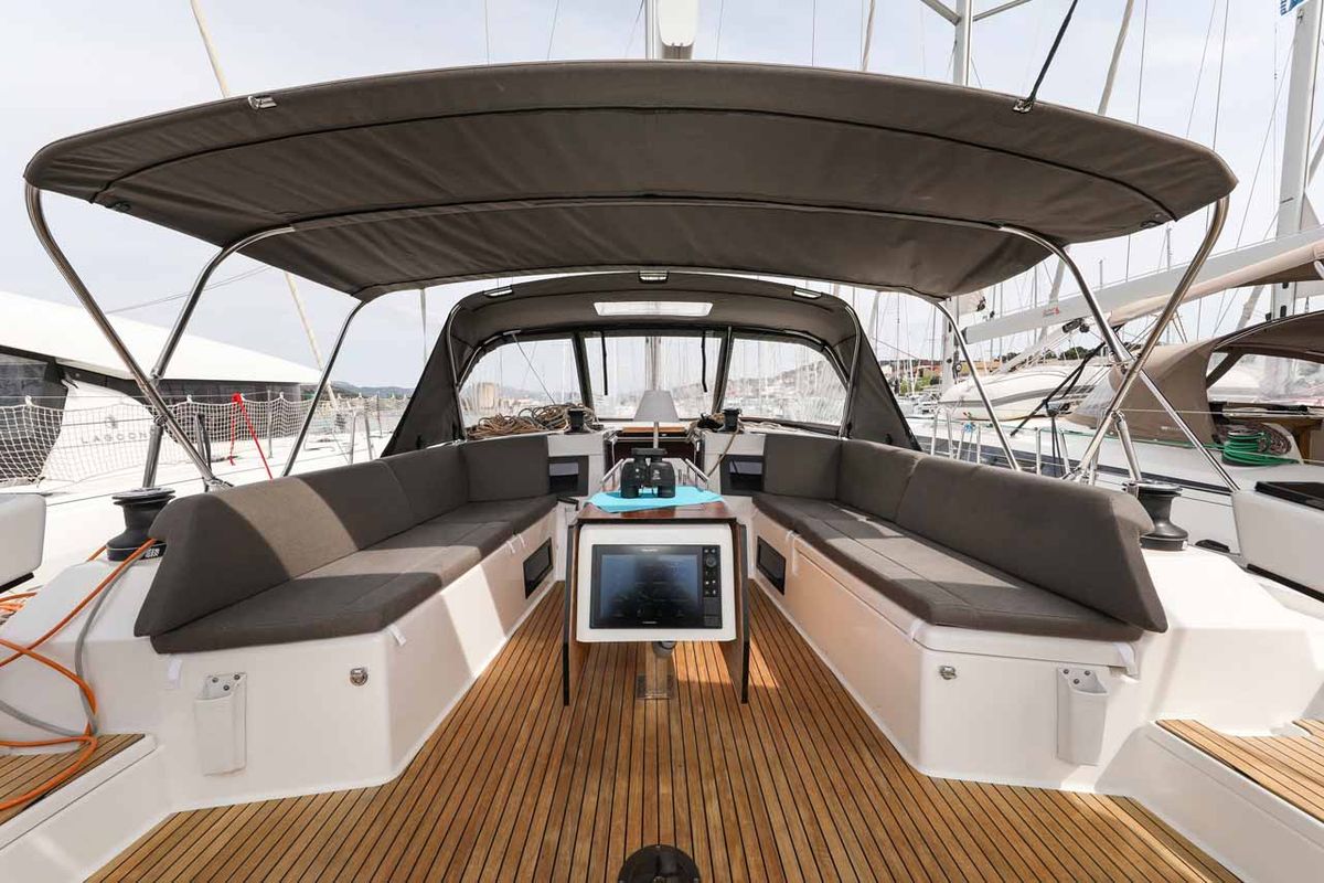 Deck of Bellatrix, a Dufour 470 sailboat at Grad Kaštela, Croatia
