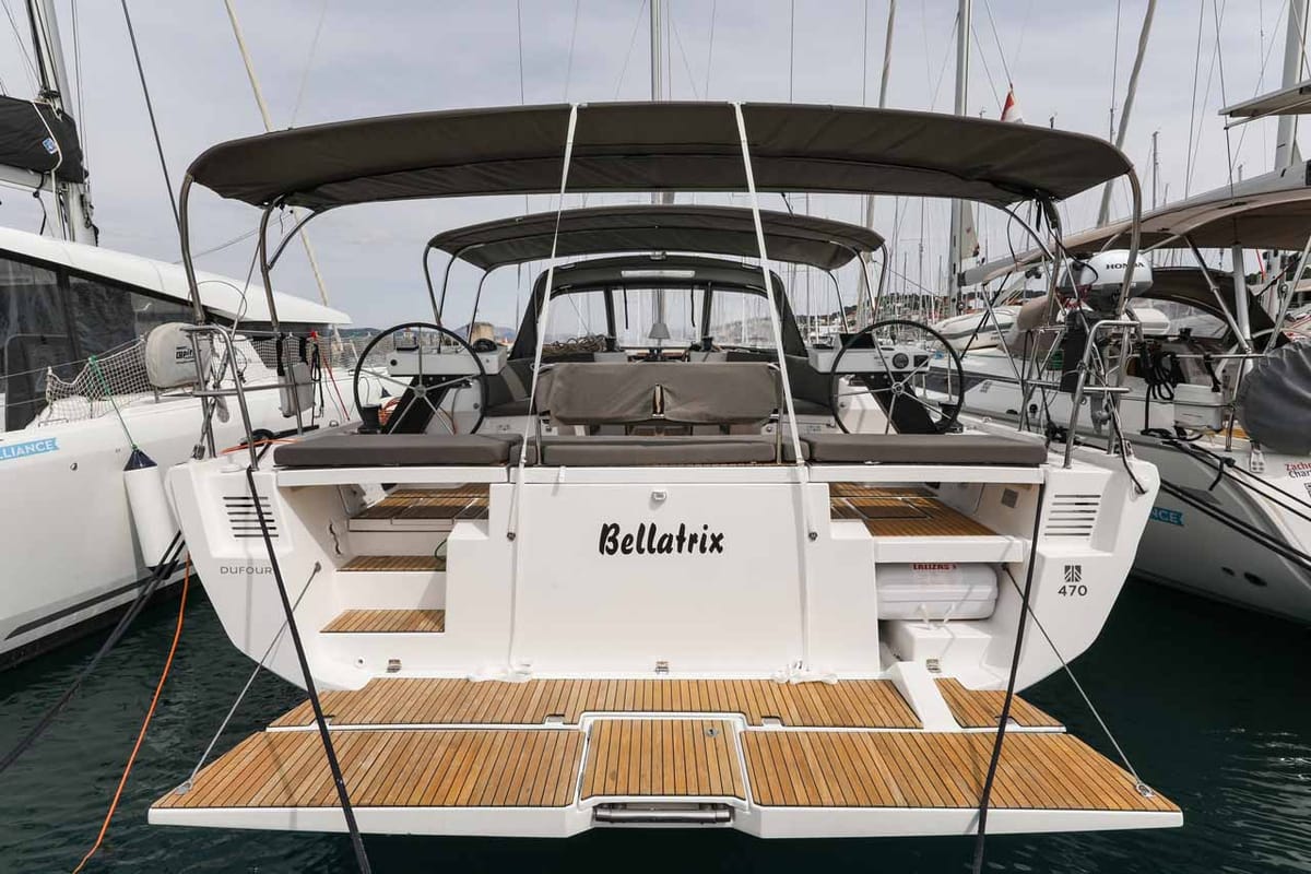 Exterior view of Bellatrix, a Dufour 470 sailboat at Grad Kaštela, Croatia