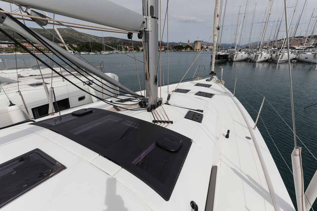 Deck of Bellatrix, a Dufour 470 sailboat at Grad Kaštela, Croatia