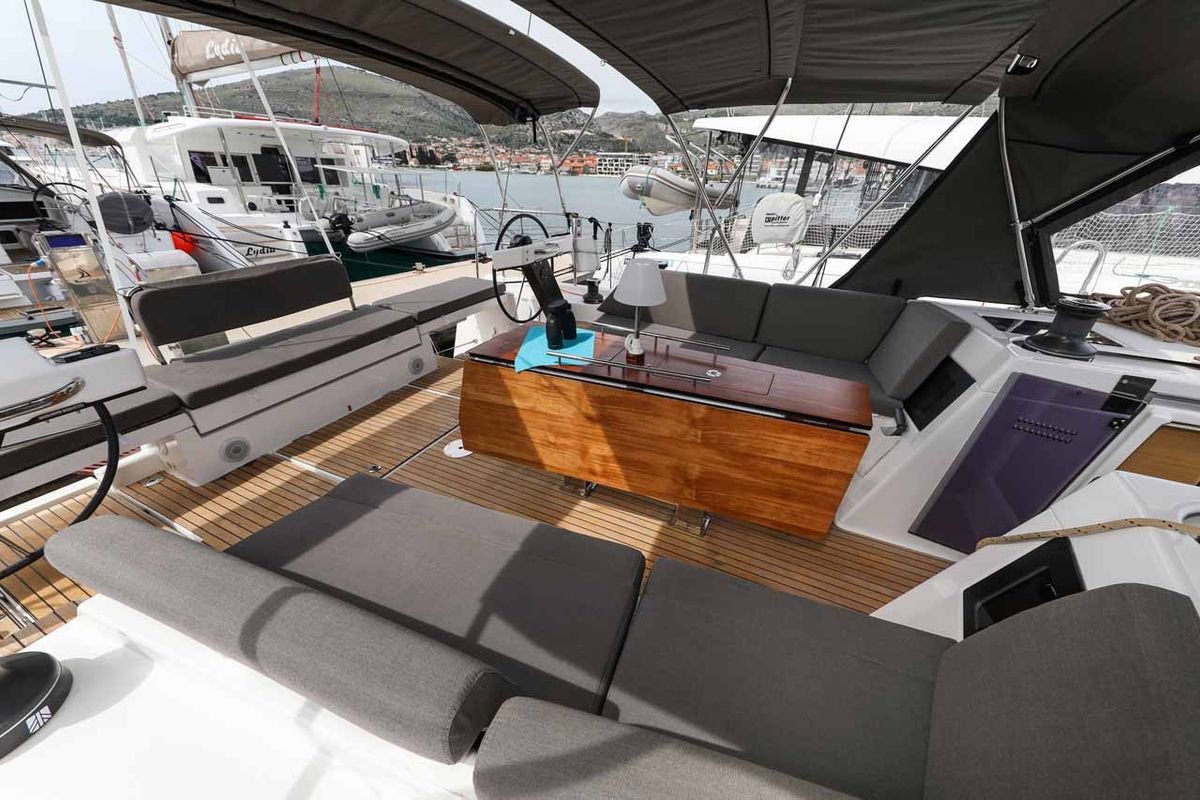Cockpit of Bellatrix, a Dufour 470 sailboat at Grad Kaštela, Croatia