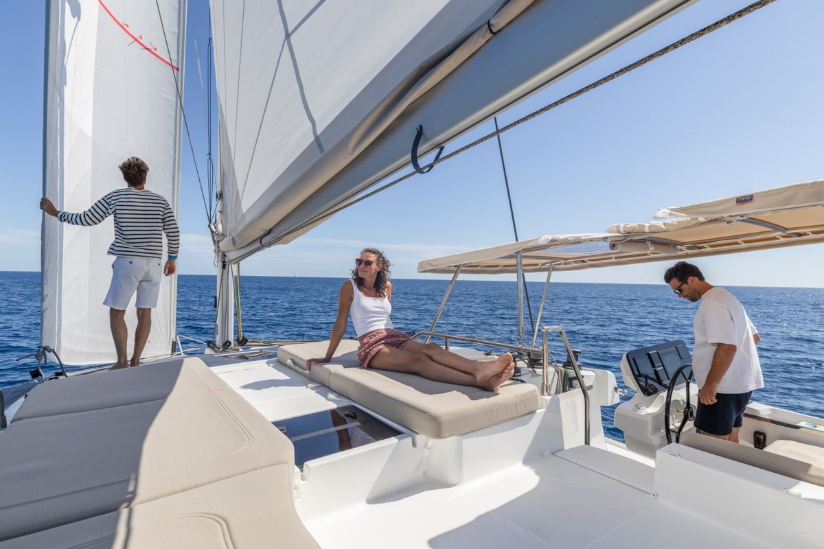 Deck of SKYWALKER, a Fountaine Pajot FP 44 catamaran at Seget Donji, Croatia