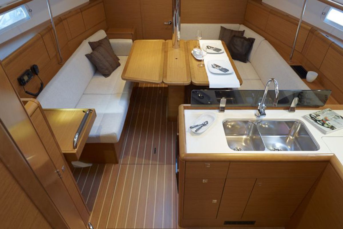 Galley of Dakiri 3, a Jeanneau Sun Odyssey 389 sailboat at Nieuwpoort, Belgium