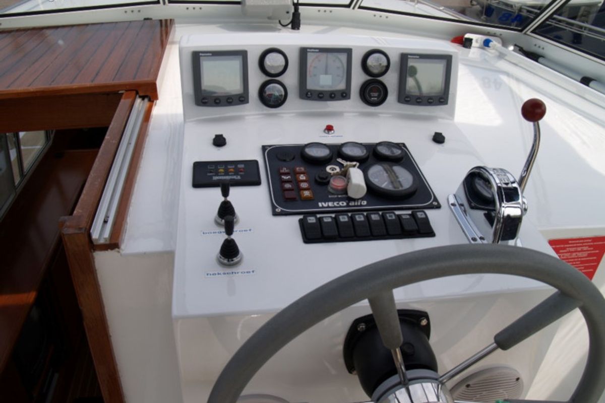 Cockpit of Drait 48, a De Drait Renal 40 motorboat at Drachten, Netherlands