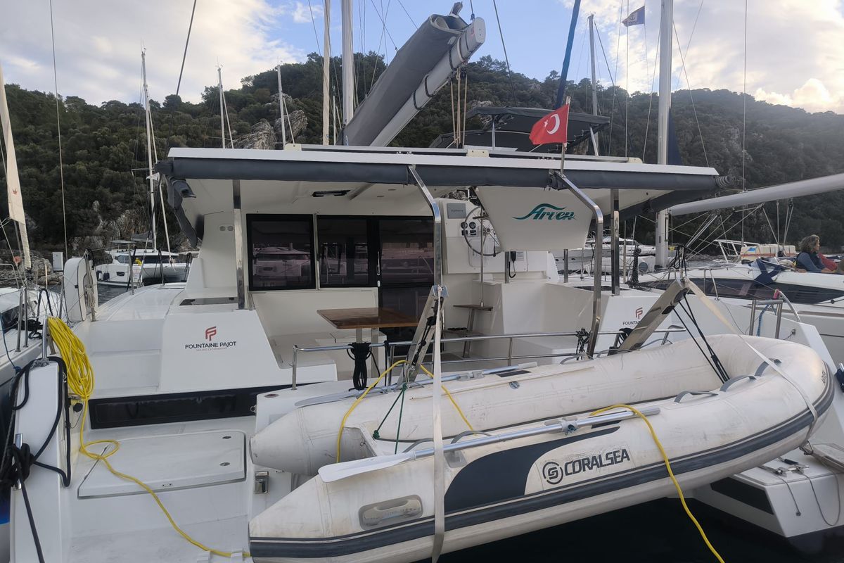 Exterior view of Arven, a Fountaine Pajot Isla 40 catamaran at Marmaris, Turkey