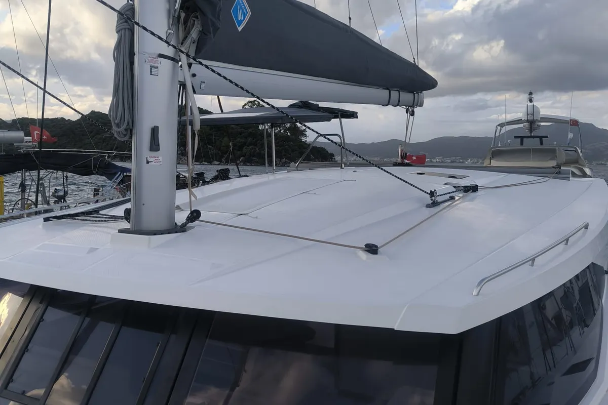 Deck of Arven, a Fountaine Pajot Isla 40 catamaran at Marmaris, Turkey