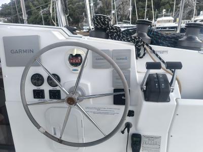 Cockpit of Arven, a Fountaine Pajot Isla 40 catamaran at Marmaris, Turkey