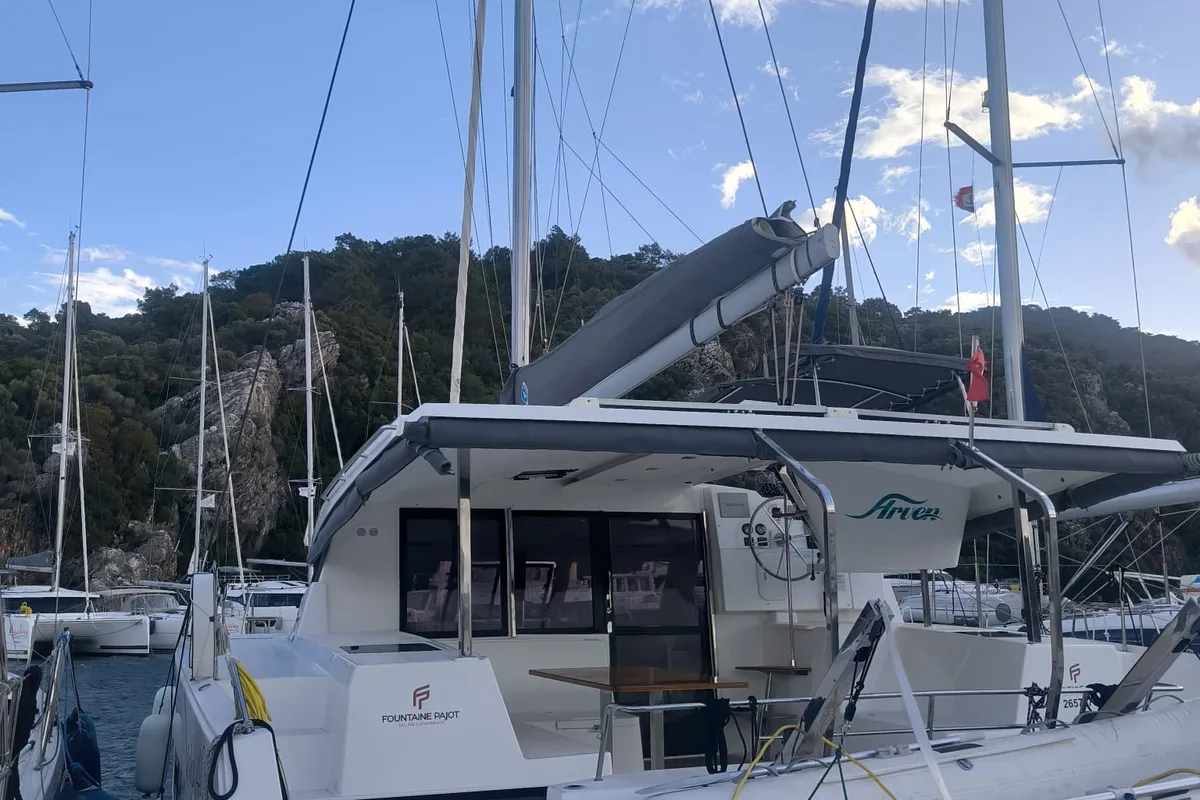 Exterior view of Arven, a Fountaine Pajot Isla 40 catamaran at Marmaris, Turkey